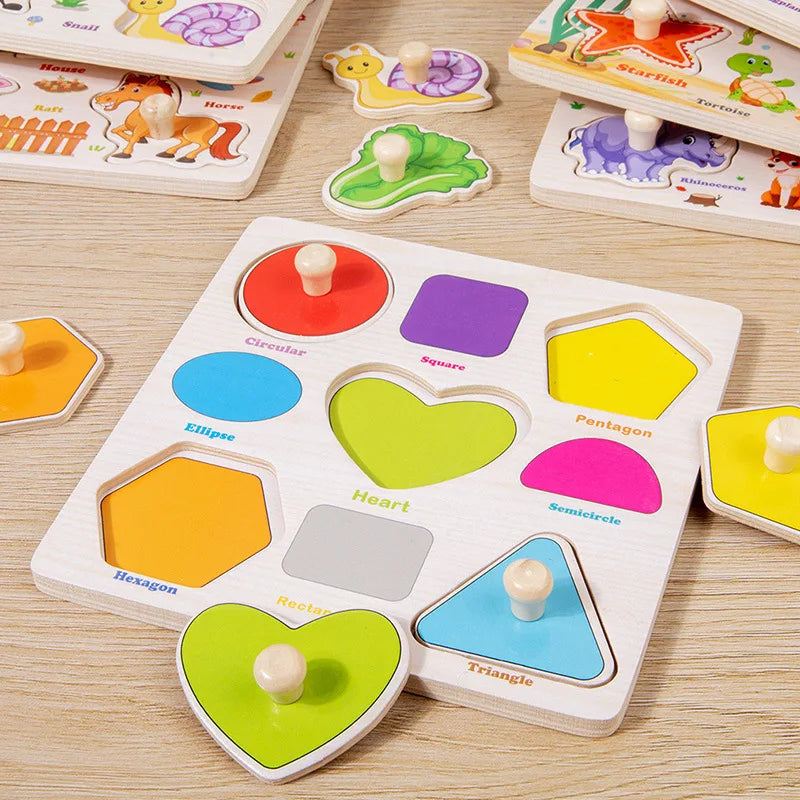 Montessori quebra-cabeças de madeira dos desenhos animados animal frutas mão grab board cognição quebra-cabeça jogo aprendizagem brinquedos educativos para crianças