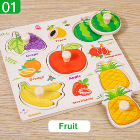 Montessori quebra-cabeças de madeira dos desenhos animados animal frutas mão grab board cognição quebra-cabeça jogo aprendizagem brinquedos educativos para crianças