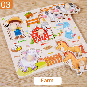 Montessori quebra-cabeças de madeira dos desenhos animados animal frutas mão grab board cognição quebra-cabeça jogo aprendizagem brinquedos educativos para crianças