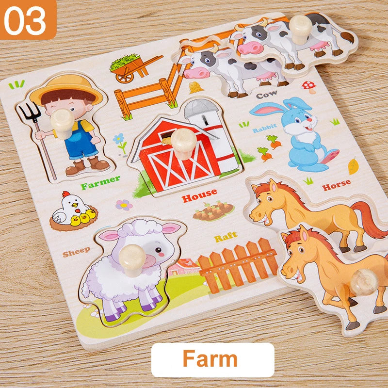 Montessori quebra-cabeças de madeira dos desenhos animados animal frutas mão grab board cognição quebra-cabeça jogo aprendizagem brinquedos educativos para crianças