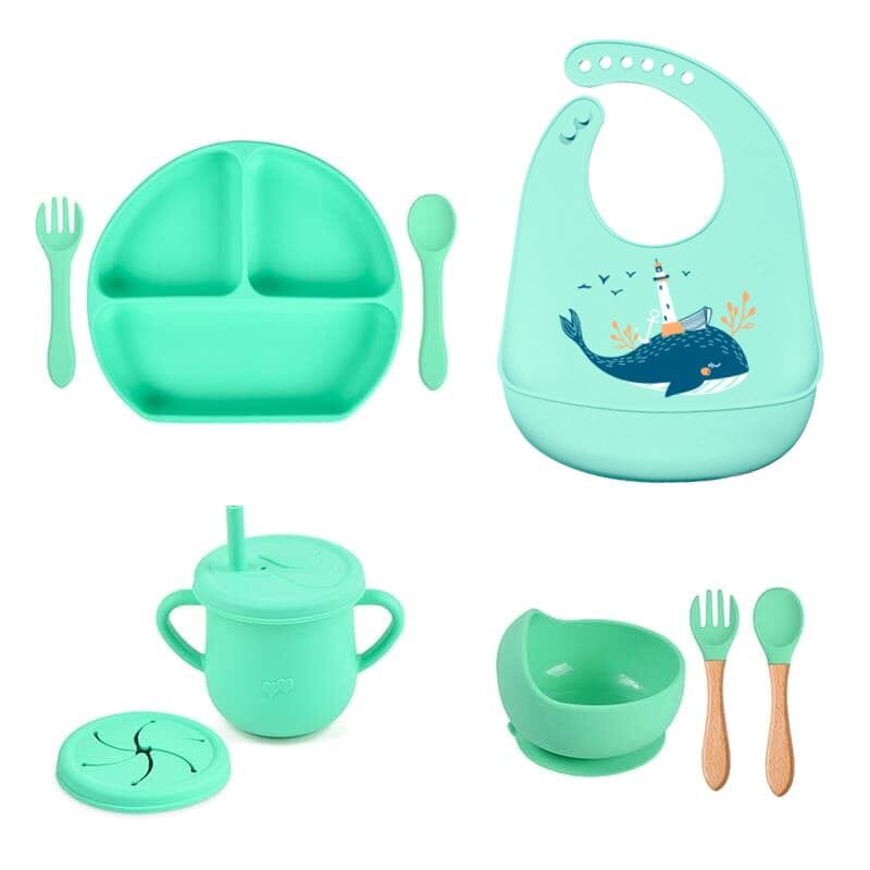 Kit 8 Pçs, Conjunto De Refeição Em Silicone Para Bebê, Prato com Ventosa, 100% Silicone, Babador Com Estampa